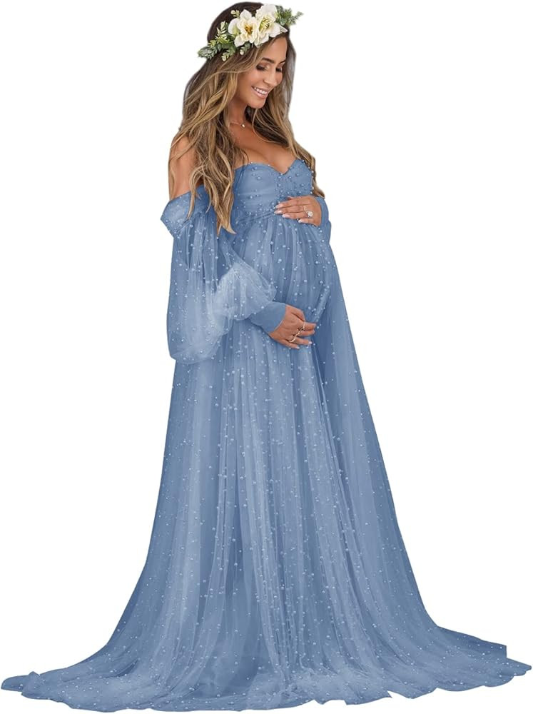 Pearl Tulle Maternity Dress for Photoshoot Long Puffy Sleeve Off Shoulder Babyshower Bridal Pregn... | Amazon (US)