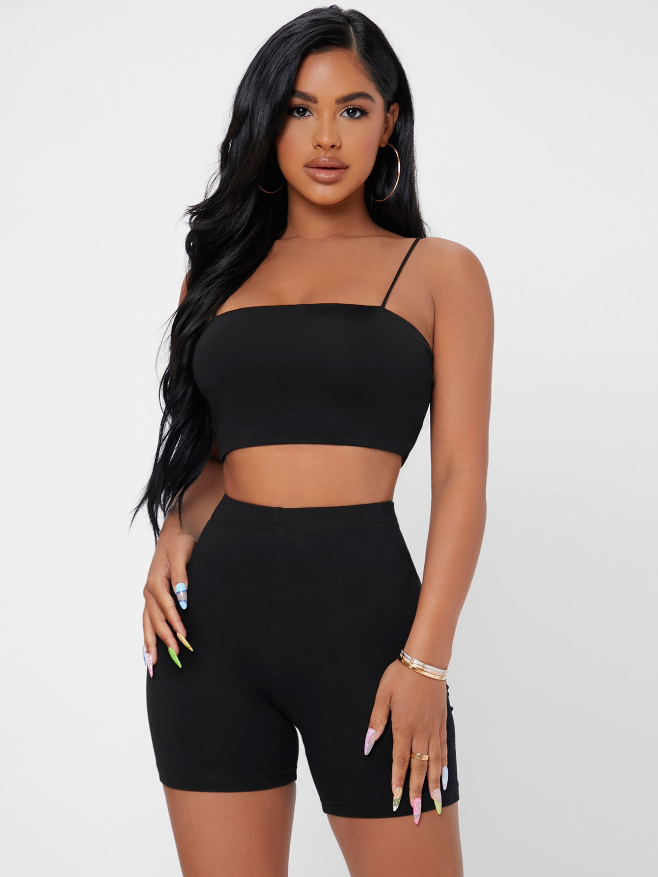 SHEIN PETITE Solid Crop Cami Top & Biker Shorts Set | SHEIN