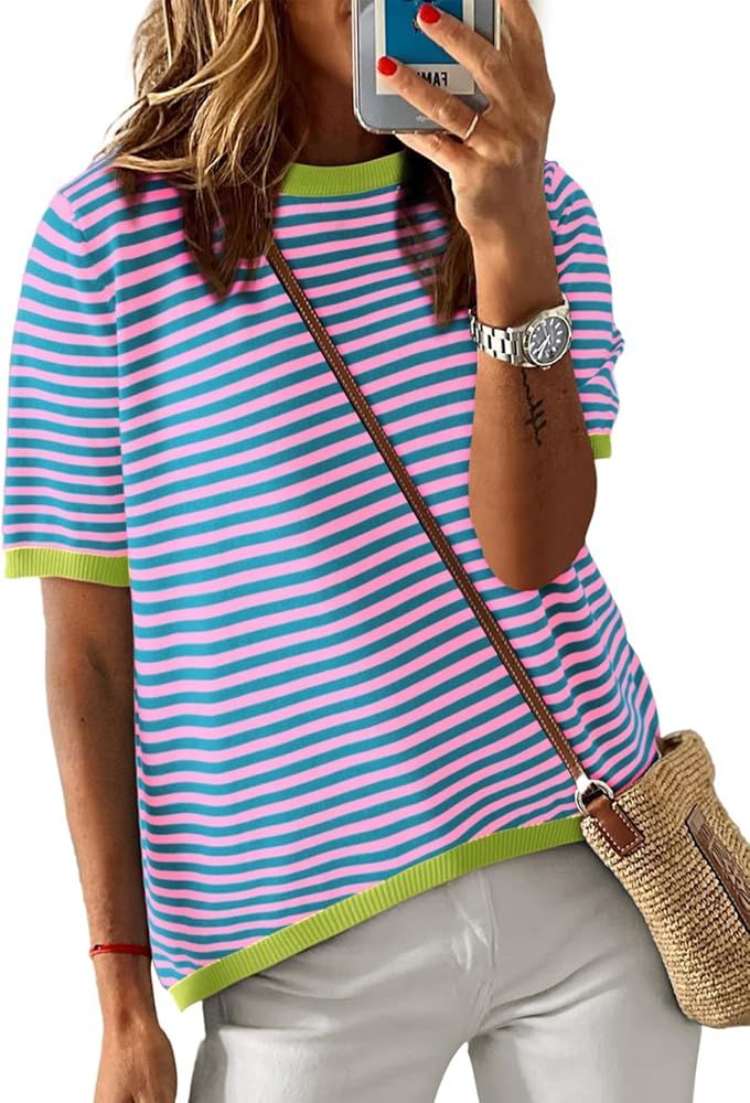 Dokotoo Womens Summer Tops Casual Crewneck Short Sleeve Striped Color Block Knitted High Low Tren... | Amazon (US)