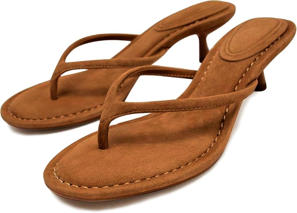 Suede Flip Flops for Women Open Round Toe Thong Heeled Sandals Low Kitten Heels Comfortable Summe... | Amazon (US)