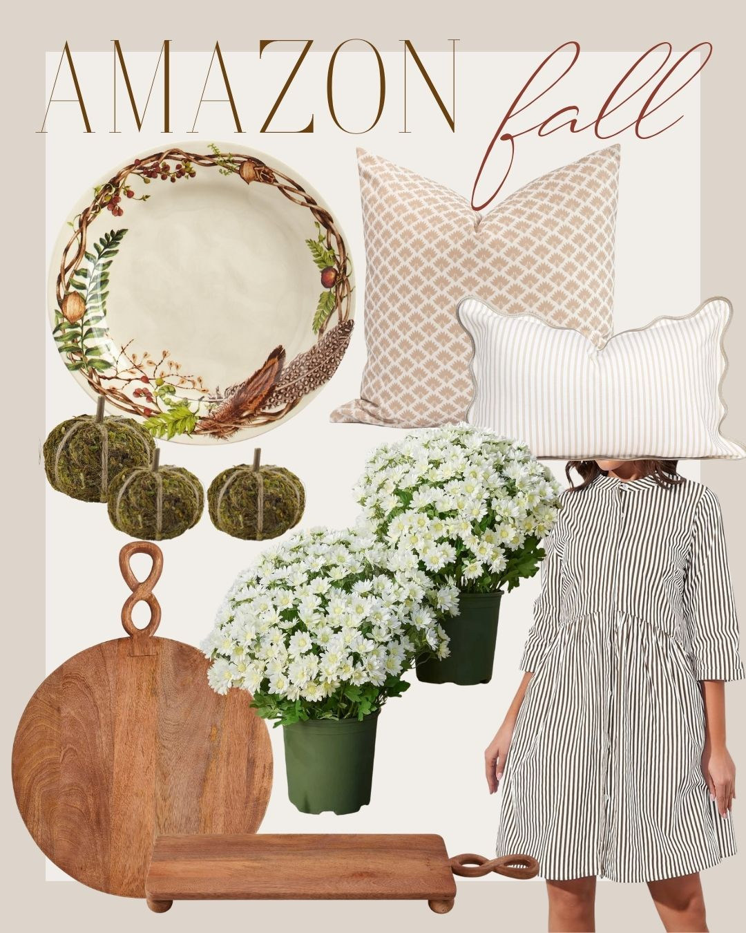 Amazon fall finds you’ll love! 🍂 Cozy neutral pillows, rustic wood boards, elegant fall plates, faux mums, and a timeless striped dress—perfect for updating your home and wardrobe for the season!

Amazon fall decor, Amazon fall fashion, Neutral home decor, Striped dress Amazon, Fall throw pillows, Wood cutting boards, Faux mums, Fall tablescape essentials 

 #LTKSeasonal #LTKHome #LTKStyleTip