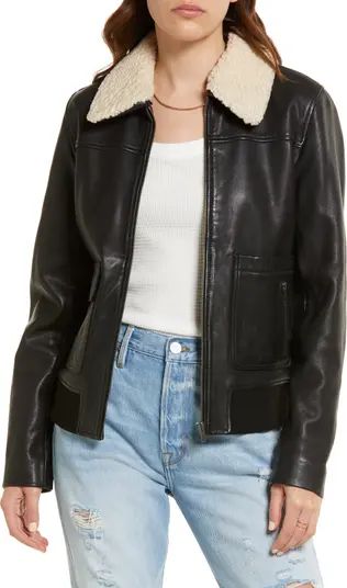 Leather Bomber Jacket with Faux Shearling Collar | Nordstrom