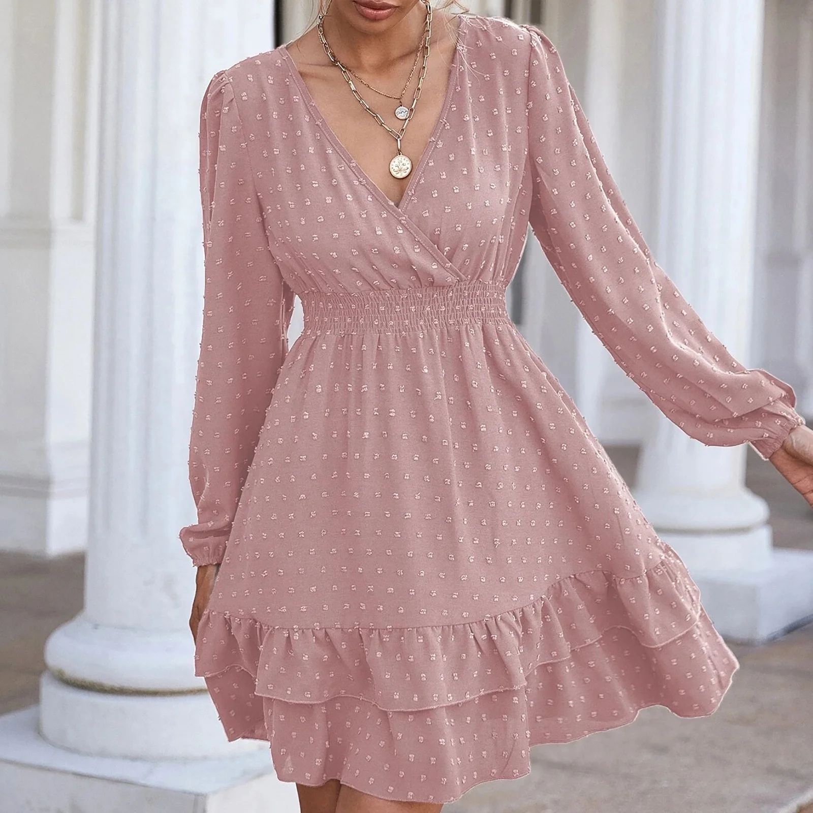 HONHUZH Womens Summer Dresses Clearance, Solid Color Double Ruffle Long Sleeve Slim Dresses | Walmart (US)