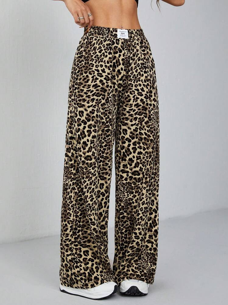 SHEIN PETITE Women's Wide-Leg Street Trousers In Leopard Print Woven | SHEIN