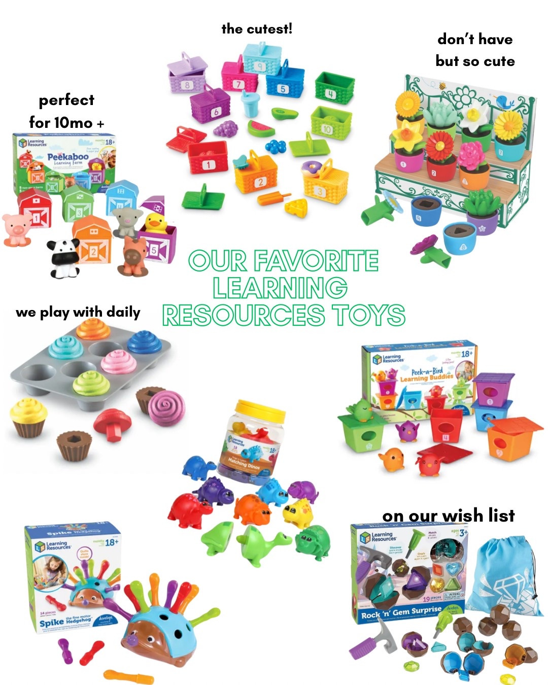 Learning resources is one of my absolute favorite toy brands!!!
Reasons I love this brand:
• teaches colors, numbers, shapes
• matching opportunities
• find motor
• no sounds, batteries, buttons (toy doesn’t do the playing for the child)
• good quality product
• grows with child

#toddlertoy #learningresources #learningresourcestoys #toddlertoyrotation #favoritetoys
#favoritetoddlertoys

#LTKFamily #LTKKids #LTKBaby
