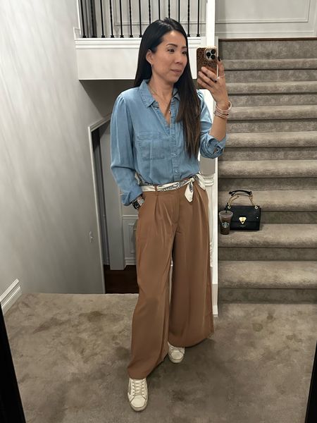 puff shoulder chambray denim shirt
Wide leg trousers from Amazon
Scarf as a belt
White sneakers


#LTKstyletip #LTKworkwear