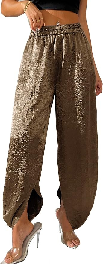 Women's Satin Pants Baggy Dressy Trouser Wide Leg Slouchy Curved Hem Wrinkle Textured Silky Pants | Amazon (US)