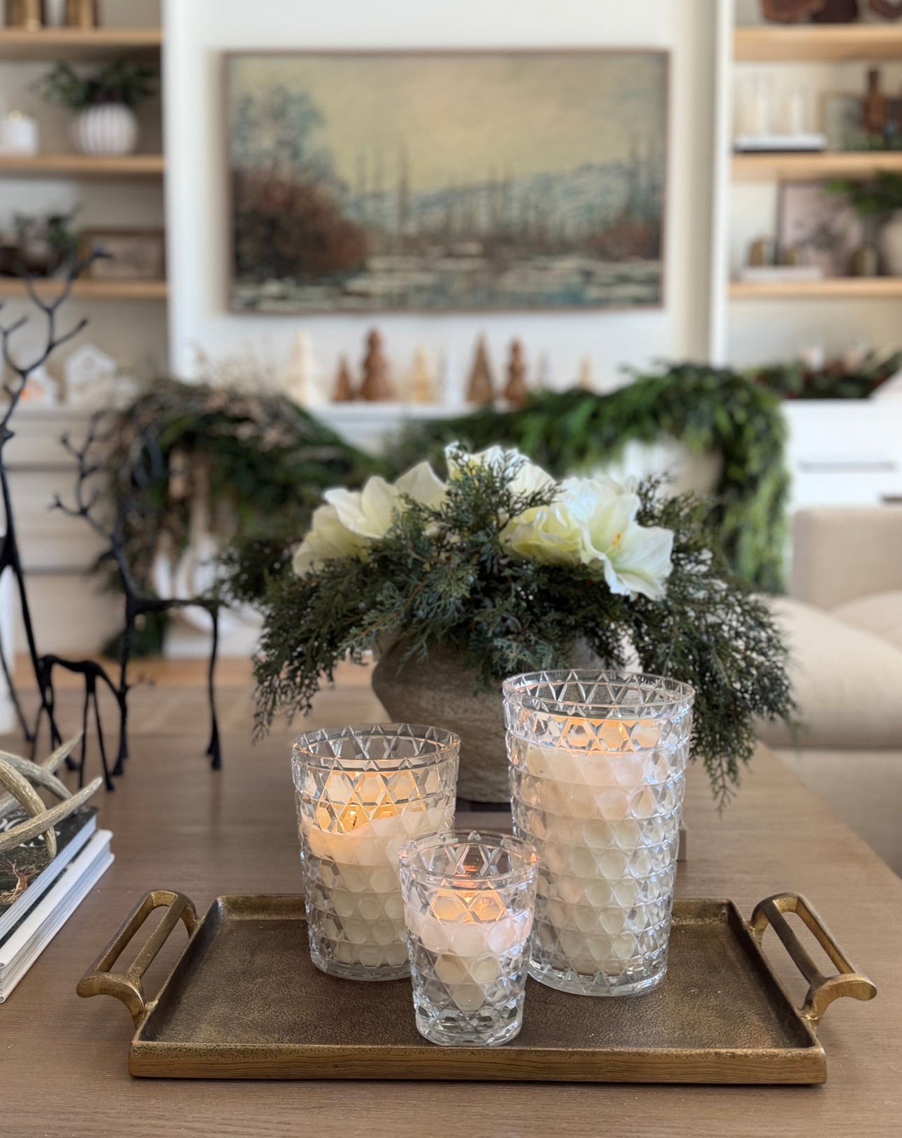 These candles smell incredible and are not overpowering

pottery barn holiday decor, oversized coffee table styling, christmas coffee table ideas, christmas candles, gold tray decor, juniper stems arrangement, holiday florals centerpiece, pottery barn reindeer, decorative antlers, modern organic holiday styling, mediterranean christmas decor, living room holiday inspiration, neutral christmas decor, elevated holiday home accents, winter greenery stems, festive table styling, cozy holiday aesthetic, designer inspired christmas decor, gold accents christmas, pottery barn look for less, holiday reindeer figurines, christmas coffee table vignette, modern holiday tablescape

#LTKHome #LTKHoliday #LTKSeasonal