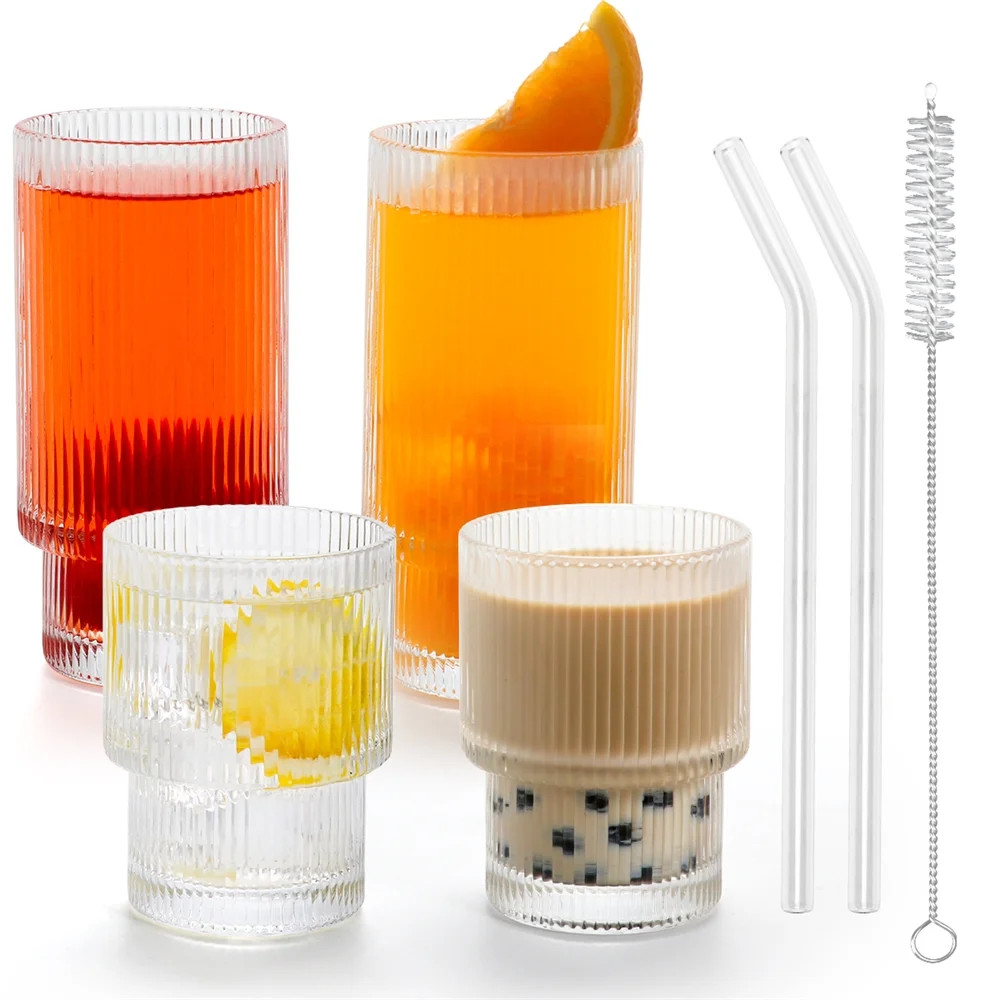 Origami Style Glass Cups Vintage Glassware Set of 4, Ribbed Glassware Drinking Glasses with Glass... | Walmart (US)