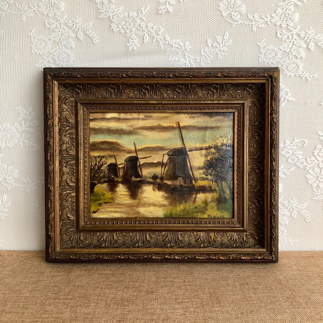 Antique Dutch oil painting windmill scenery - rustic polder landscape - sunset countryside - orig... | Etsy (US)