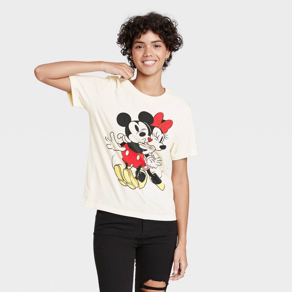 Women's Disney Mickey & Minnie Glitter Heart Short Sleeve Graphic T-Shirt - Off-White XL | Target
