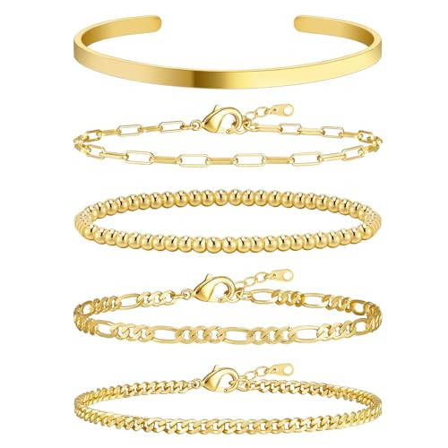 Wowshow Gold Bracelets for Women: 14K Real Gold Plated Link Charm Bracelet Dainty Link Chain Stackable Charm Bracelets Adjustable Bangle Cuff Bracelet Pack Jewelry Gifts for Women 7.2 Inch | Amazon (US)