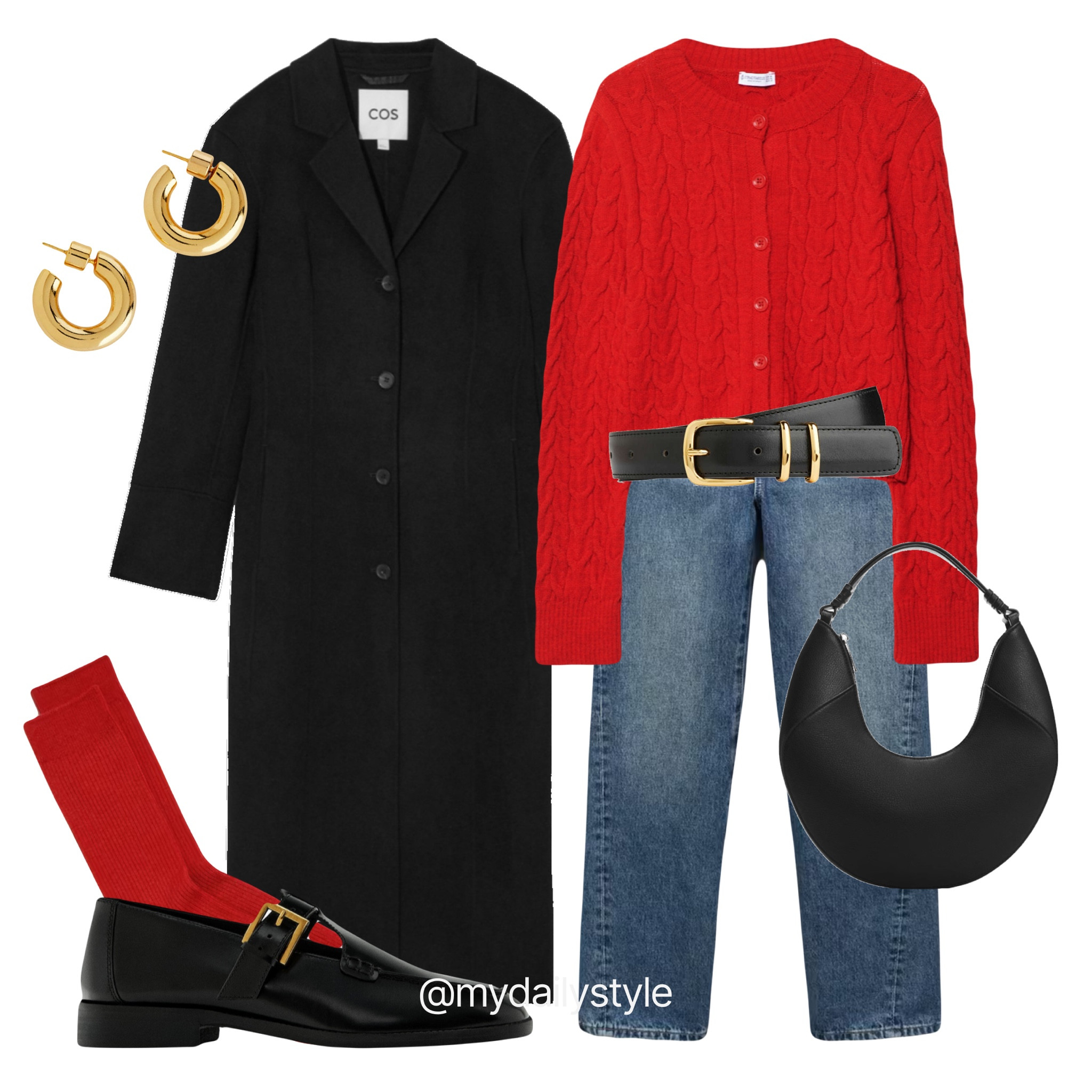 Casual & cozy winter look with a touch of red. ❤️ Perfect for a St. Valentine’s Day! Red cable-knit cardigan, straight jeans, shoulder bag, red socks, leather track-sole loafers, tailored double-faced wool coat, gold chunky hoop earrings.

#LTKitbag #LTKstyletip #LTKMostLoved