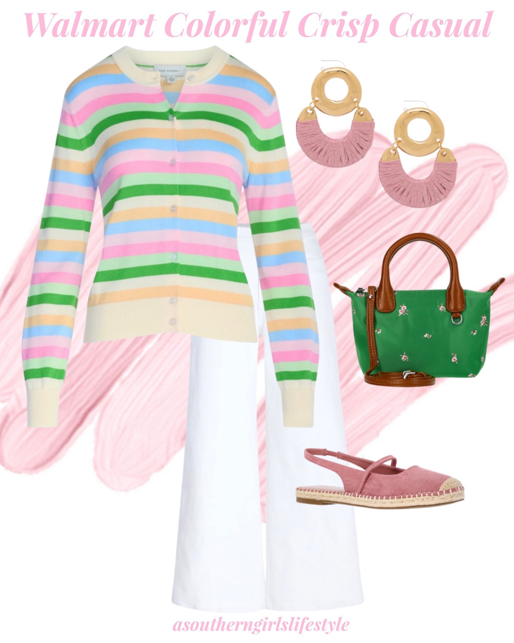 Brunch to Church to Work - all from Walmart 

Striped Cardigan, Pink Gold Earrings, White Wide Leg Cropped Pants, Green Floral Embroidered Mini Bag & Pink Espadrille Slingback Shoes

Spring Outfit. Preppy Style. Summer  

#LTKootd #LTKPetite #LTKSeasonal