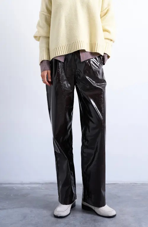 Topshop Pleat Front Straight Leg Faux Leather Pants in Brown at Nordstrom, Size 2 Us | Nordstrom