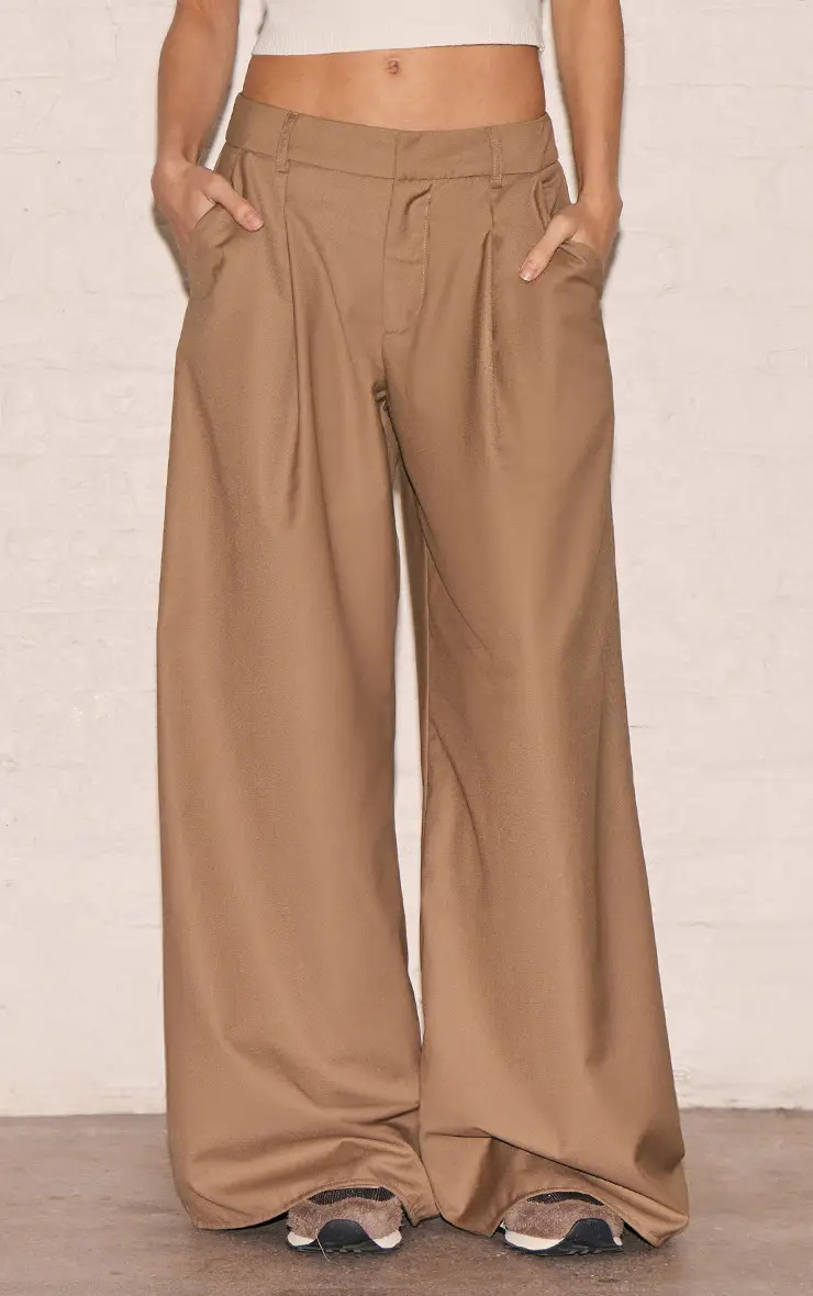 Trousers | Beige Woven Double Pleat Wide Leg Trouser | PrettyLittleThing | PrettyLittleThing UK