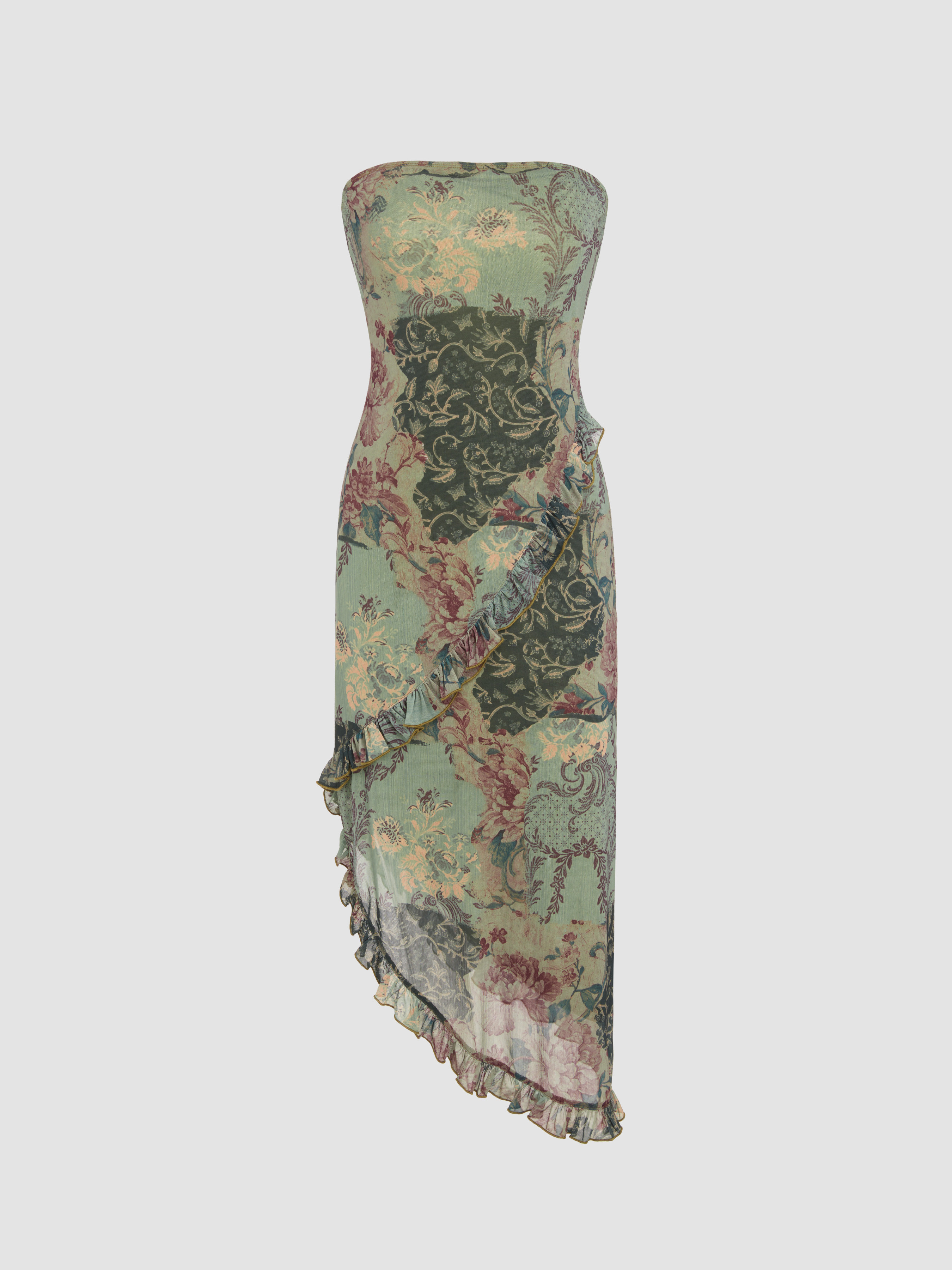 Tube Floral Ruffle Midi Dress For Daily Casual Date Coffee Shop | Cider