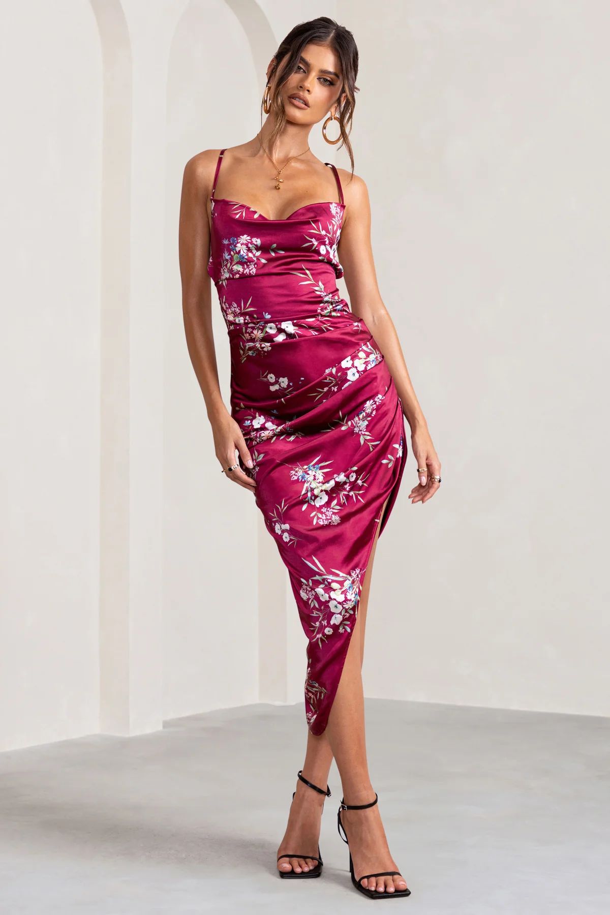 Risk It All | Berry Floral Print Cami Cowl Neck Satin Asymmetric Hem Midi Dress | Club L London