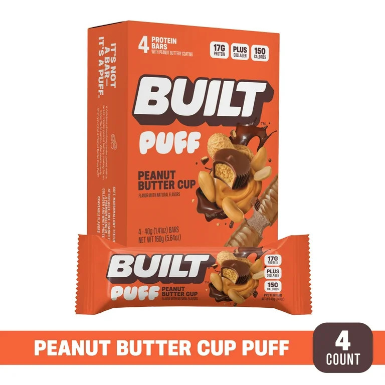 Built Puff Snack Bar, Peanut Butter Cup, 15g Protein, Collagen, 4 Count Box, 1.55oz | Walmart (US)