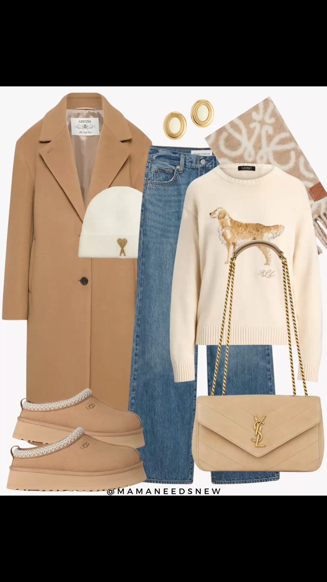 Neutral early winter outfit with a coat, scarf, sweater, jeans, suede shoulder bag, Ugg slippers, beanie hat to wear for your holiday / winter activities 🤍

#LTKootd #LTKSaleAlert #LTKHoliday