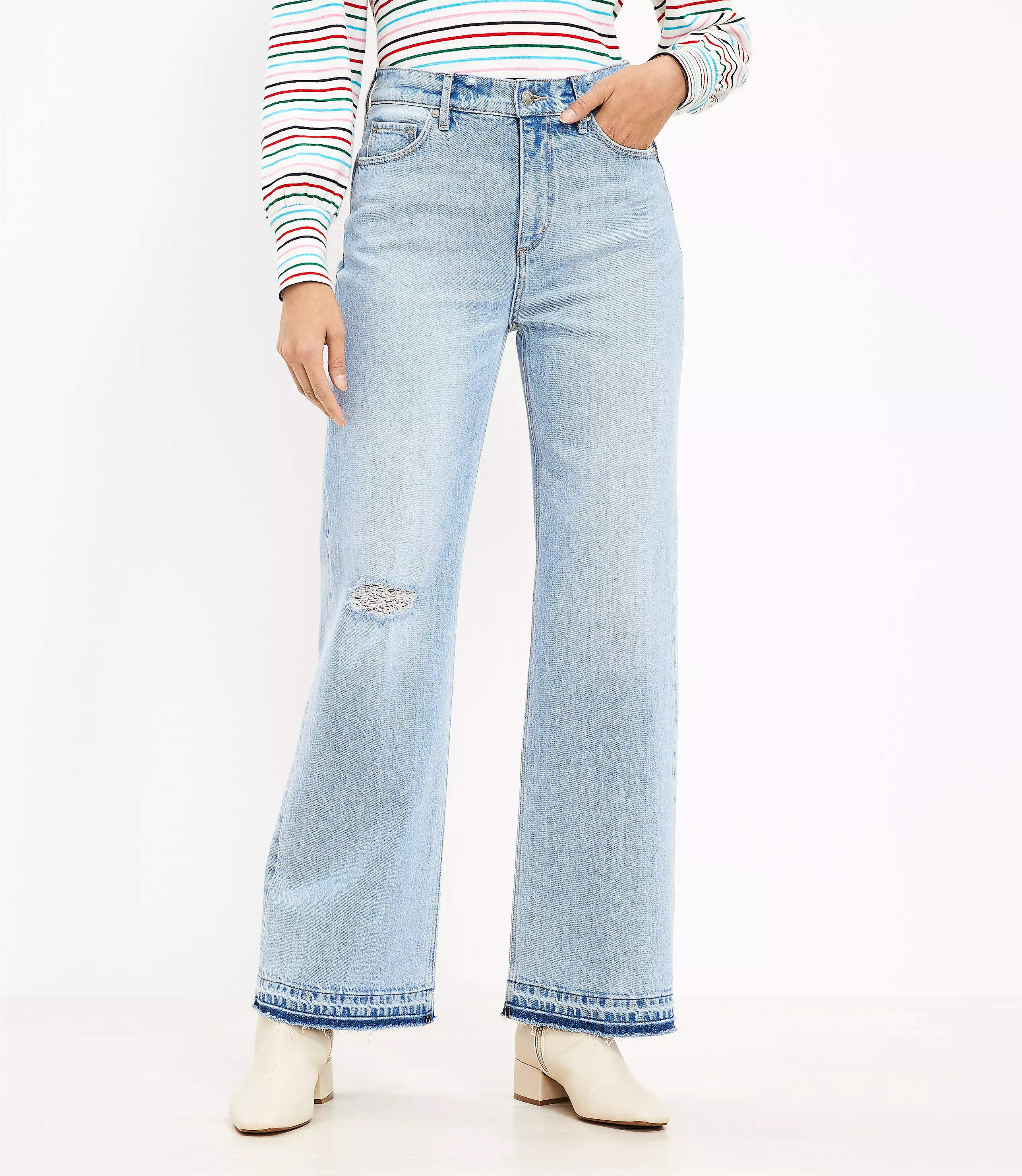 Unpicked Hem High Rise Wide Leg Jeans in Authentic Light Indigo Wash | LOFT