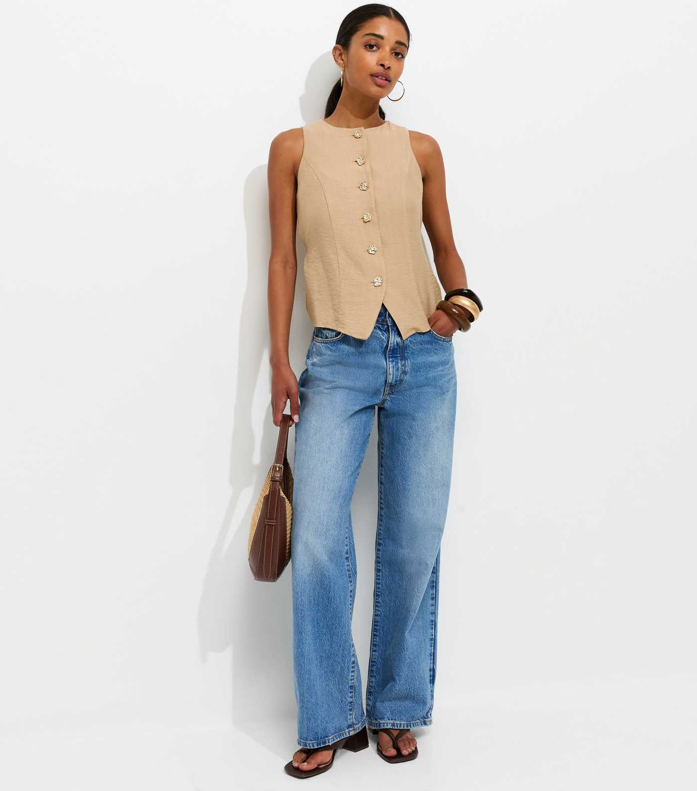 Camel Gold Tone Textured Buttons Waistcoat | New Look | New Look (UK)