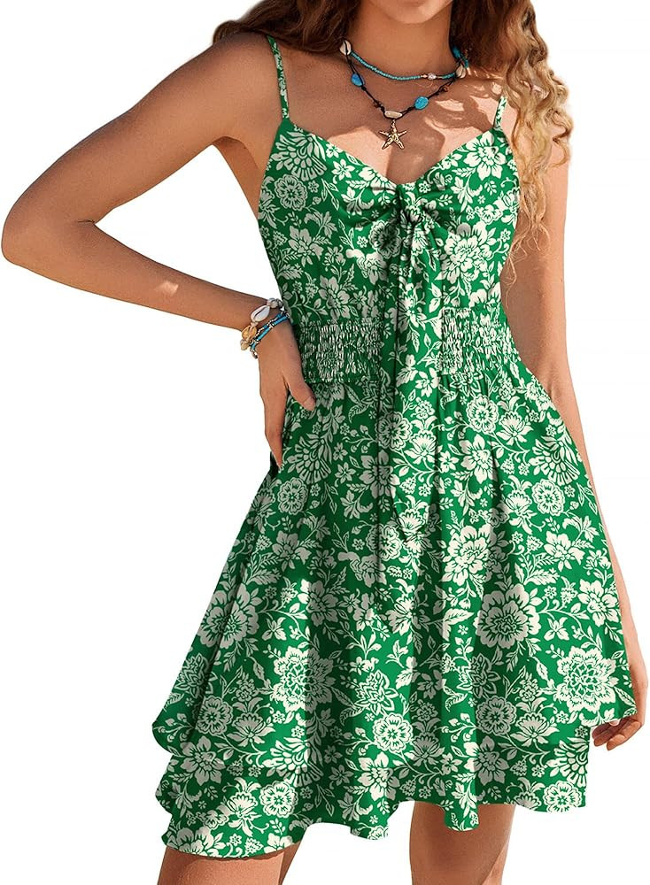 Kate Kasin Women's Summer Floral Mini Dress, Spaghetti Strap Tie Front Cutout, Sleeveless Short B... | Amazon (US)