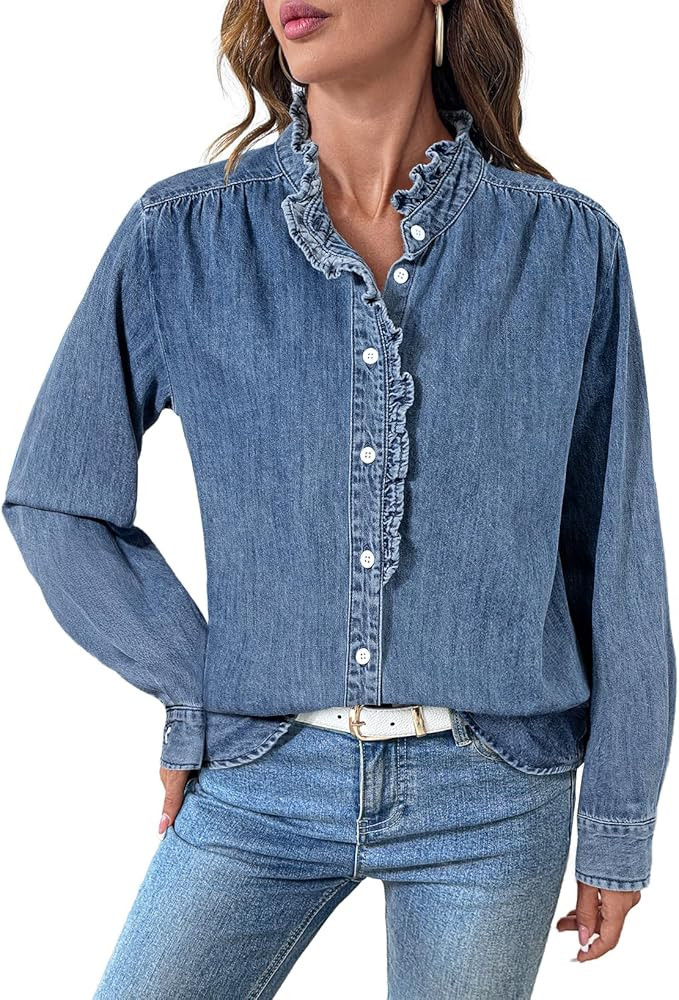 Sidefeel Womens Denim Shirt Button Down Long Sleeve Ruffled Edge Jean Blouses Tops | Amazon (US)