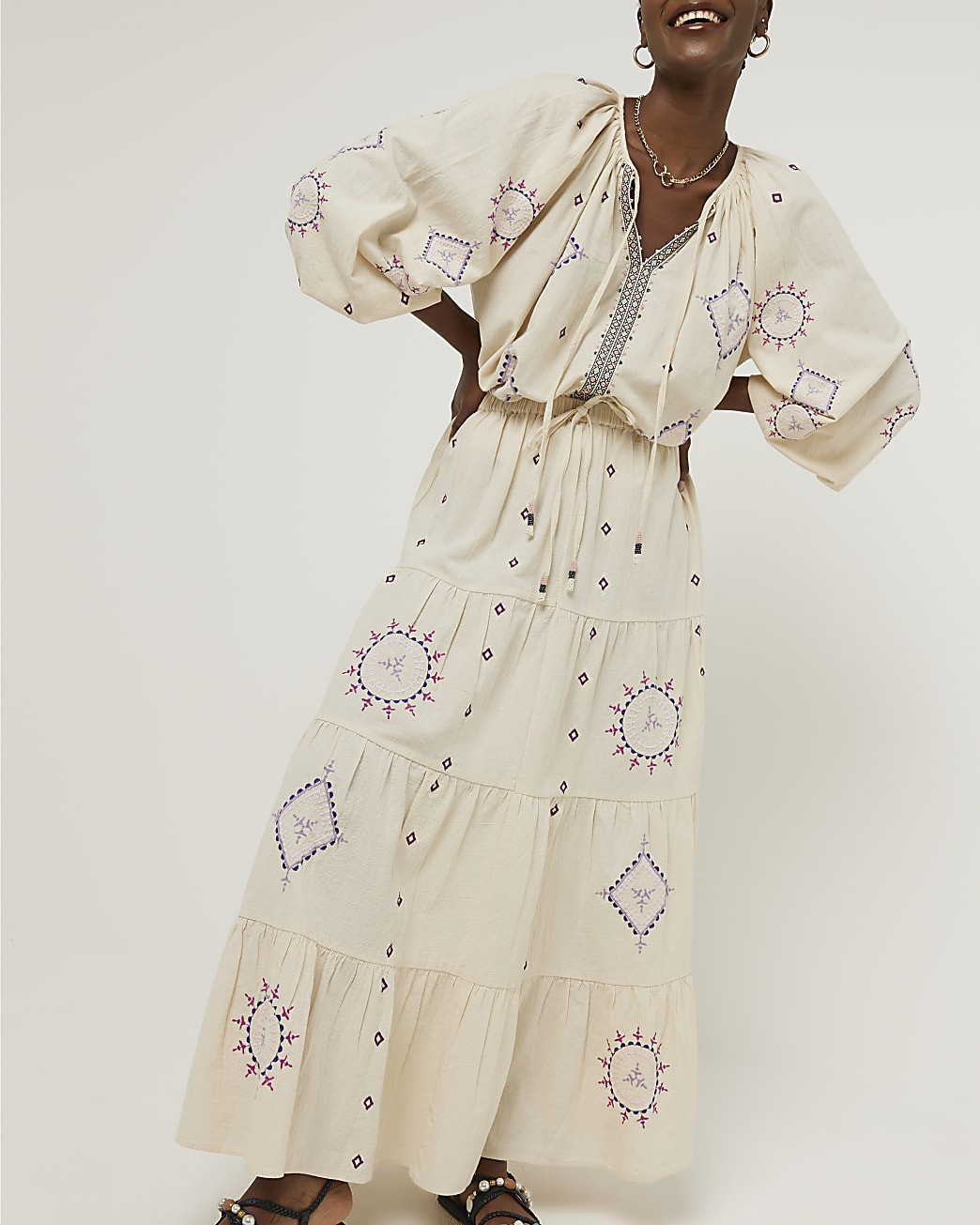 Cream Embroidered Tiered Maxi Skirt | River Island (UK & IE)