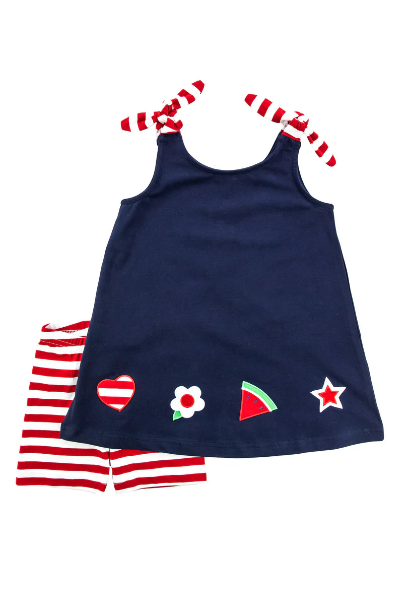 Stripe Knit Short Set With Hem Appliques | Florence Eiseman