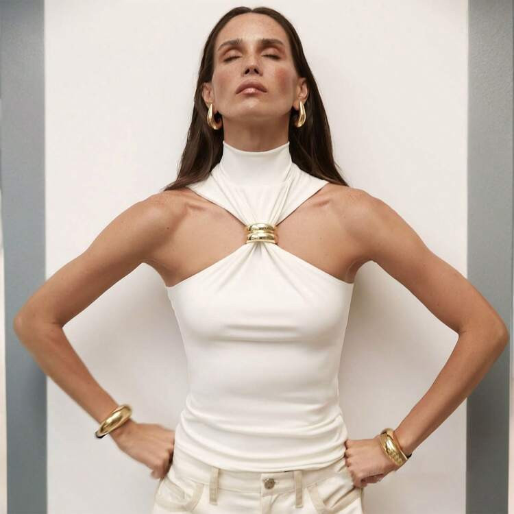 2026 Spring/Summer Best-Selling Women's Gold Ring Sleeveless Off-Shoulder Stretch Top | SHEIN