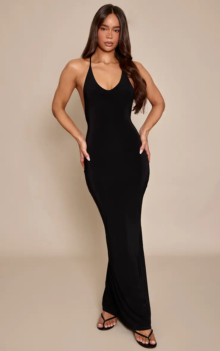 Black Double Layer Slinky Scoop Neck Open Back Dress | PrettyLittleThing UK