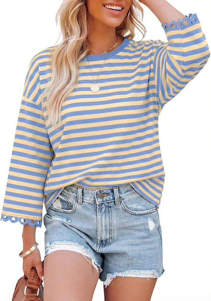 Dokotoo Sweatshirt for Women Long Sleeve Striped Oversized Sweatshirts Casual Crewneck Pullover T... | Amazon (US)