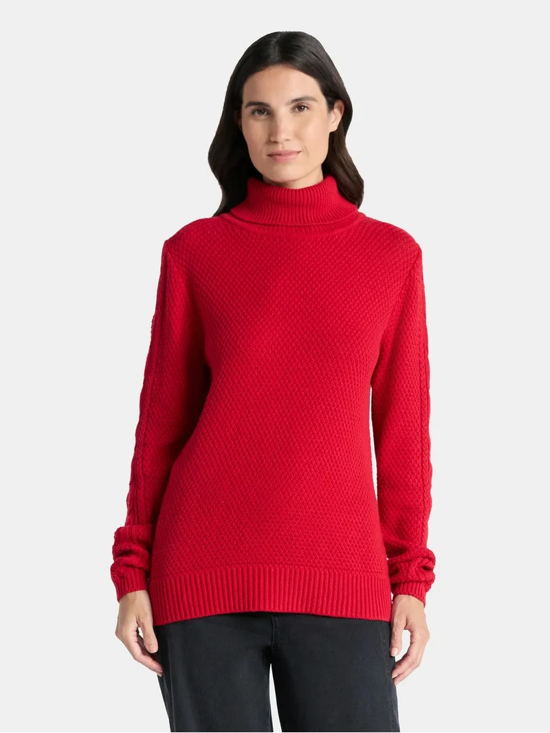 Time and Tru Women’s and Women’s Plus Turtleneck Sweater with Cable Sleeves, Midweight, Sizes... | Walmart (US)