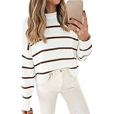 LILLUSORY Womens Cropped Striped Sweater Casual Pullover Ribbed Knit Cute Crewneck Sweaters | Amazon (US)