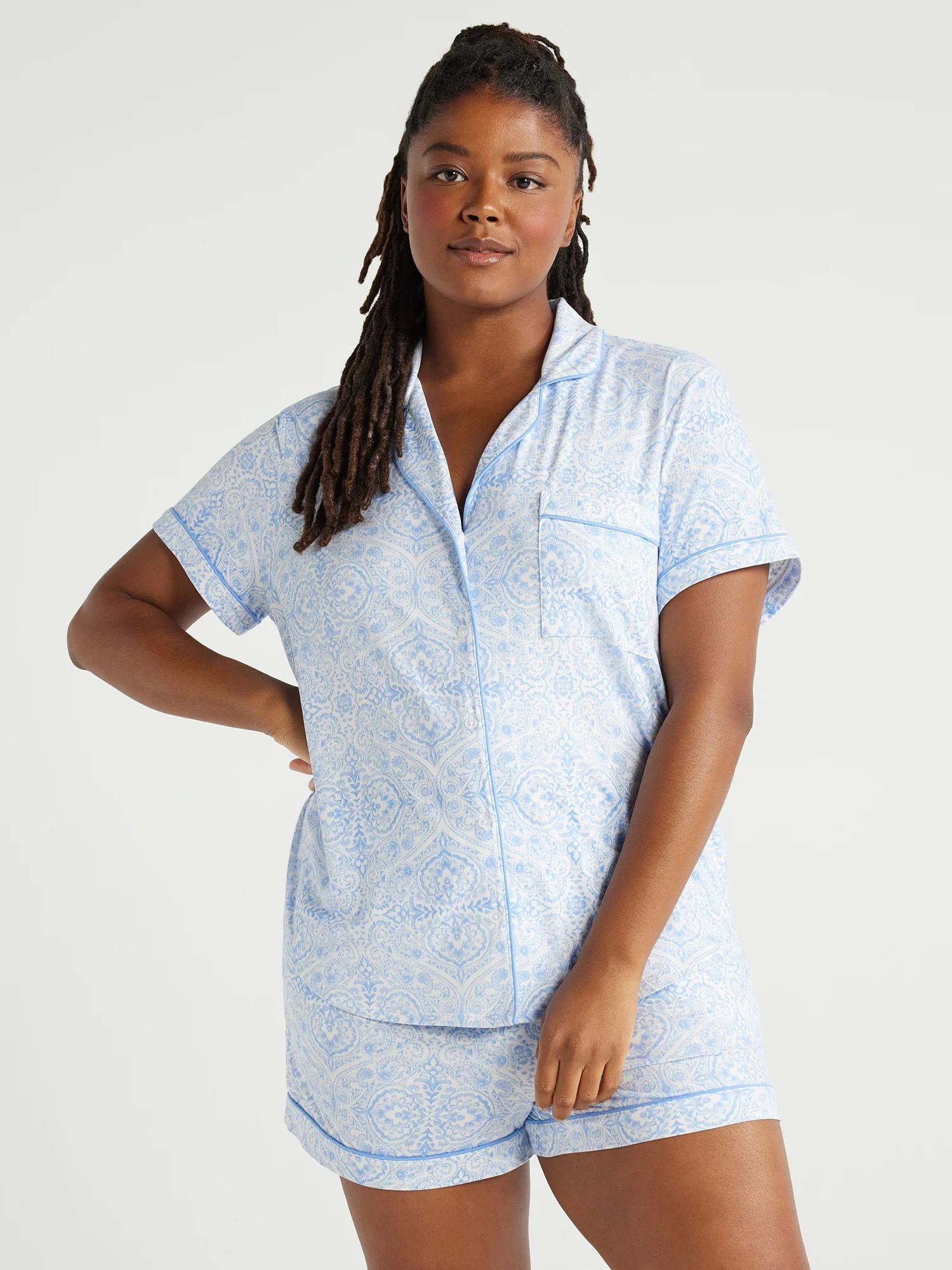 Joyspun Women's Knit Notch Collar Top and Shorts Pajama Set, 2-Piece, Sizes S to 3X - Walmart.com | Walmart (US)