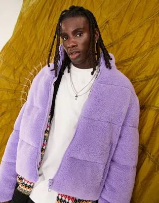 ASOS DESIGN borg puffer jacket in lilac | ASOS (Global)
