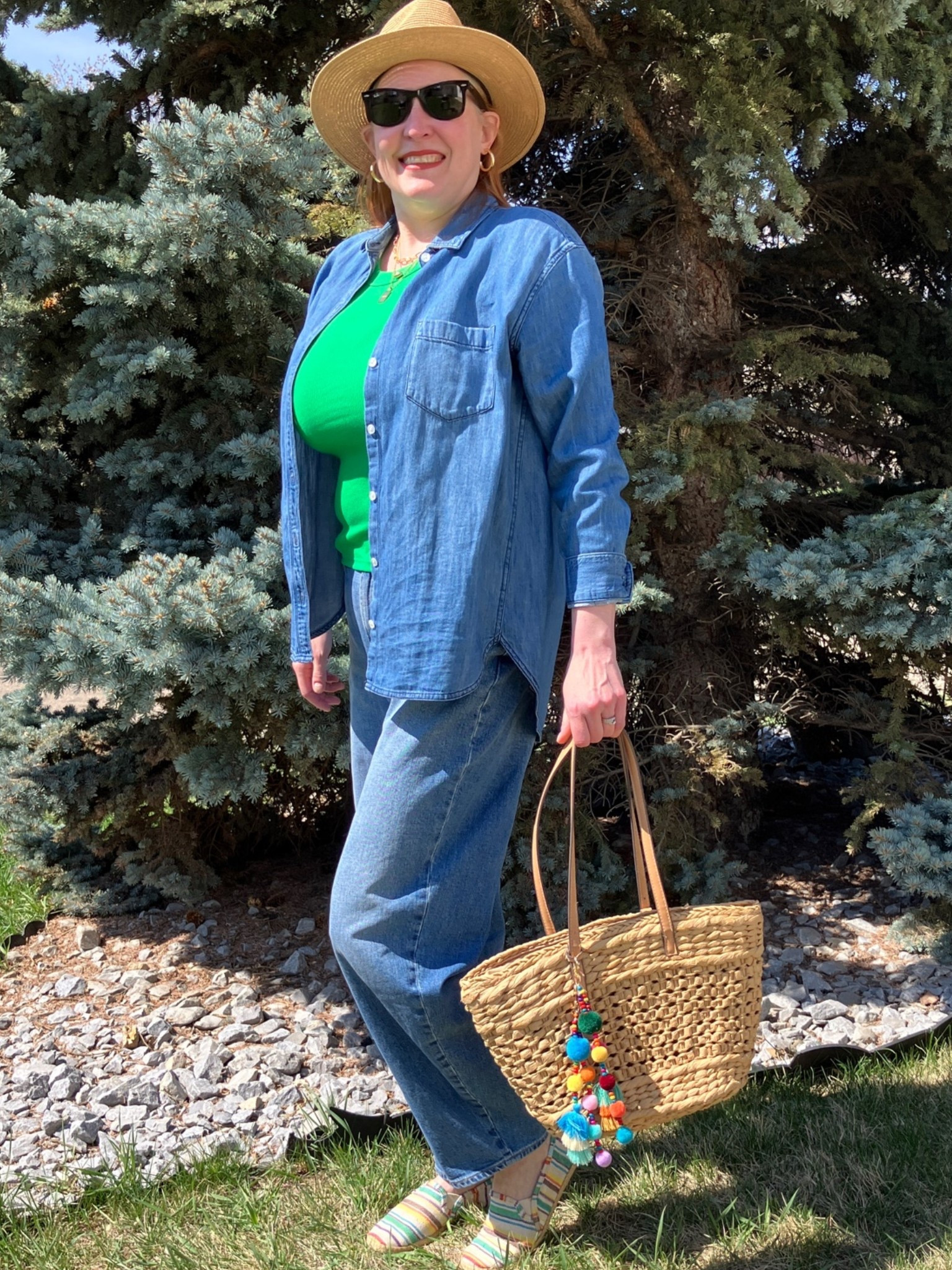 I love a true blue denim look! I’ve been off for a few days because my husband fell down the stairs and broke his leg. He has had a rod and plates put in his leg but is still in the hospital. Please keep him in your prayers! 🙏🏻 I decided to keep my look simple and used my shoes and bag to pick up the green tank top. I then added a hat, some sunglasses, a denim shirt, and my barrel jeans to complete this look. I’ll be back tomorrow! Canadians click on the first links to shop, and Americans click on the second links to shop. If there’s only one link then you can shop it in your own country. And remember, trendy doesn’t have to be expensive! Bye!

#LTKjeans #LTKover50style #LTKmidsize