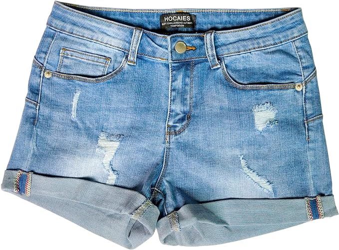 HOCAIES Women's Juniors Mid Rise Jean Shorts Folded Hem Denim Shorts for Women | Amazon (US)
