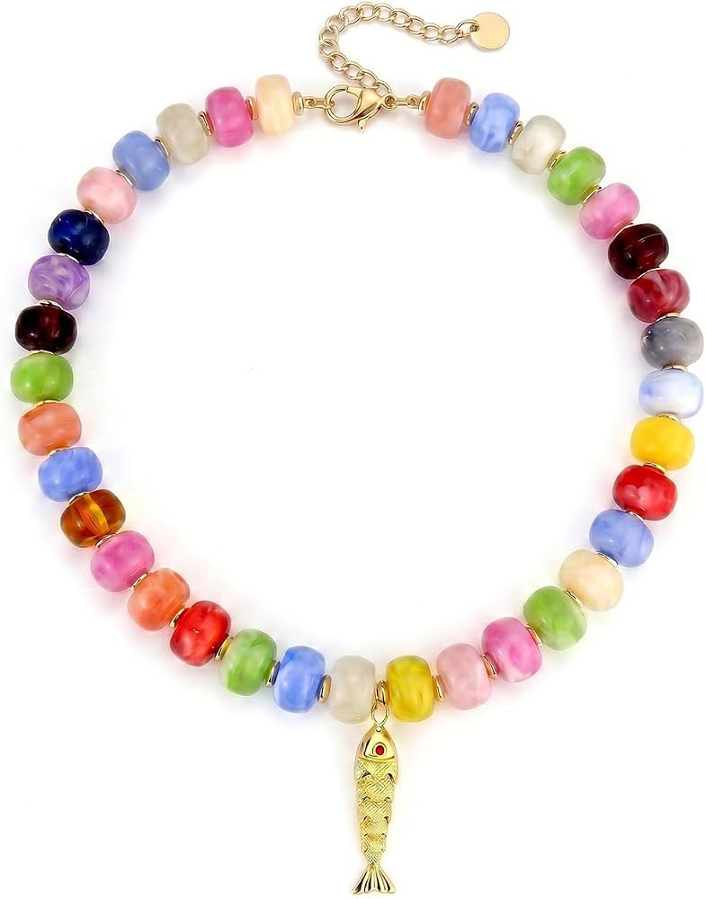 Beaded Fish Necklace for Women Fish Charm Necklace Acrylic Chunky Beaded Fish Pendant Necklaces S... | Amazon (US)