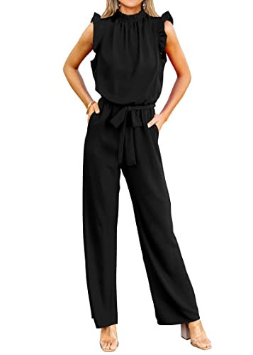KIRUNDO Jumpsuits For Women Dressy Summer One Piece Sleeveless Ruffle Mock Neck Belt Pockets Formal Wide Leg Pants Romper(Black, Small) | Amazon (US)