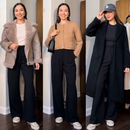 Travel capsule inspo: creating 10 outfits with 10 pieces 

Xs in all tops 
Tailored black pants in crepe - 25 regular m, runs a bit tight on the waist! 
Long black coat xs reg
Sherpa jacket xs 
Converse - I really like this cream color for them 


#LTKworkwear #LTKtravel #LTKstyletip