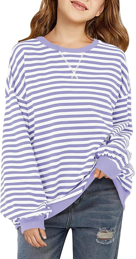 Haloumoning Girls Striped Crewneck Sweatshirt Kids Long Sleeve Oversized Fashion Pullover Tops Fa... | Amazon (US)