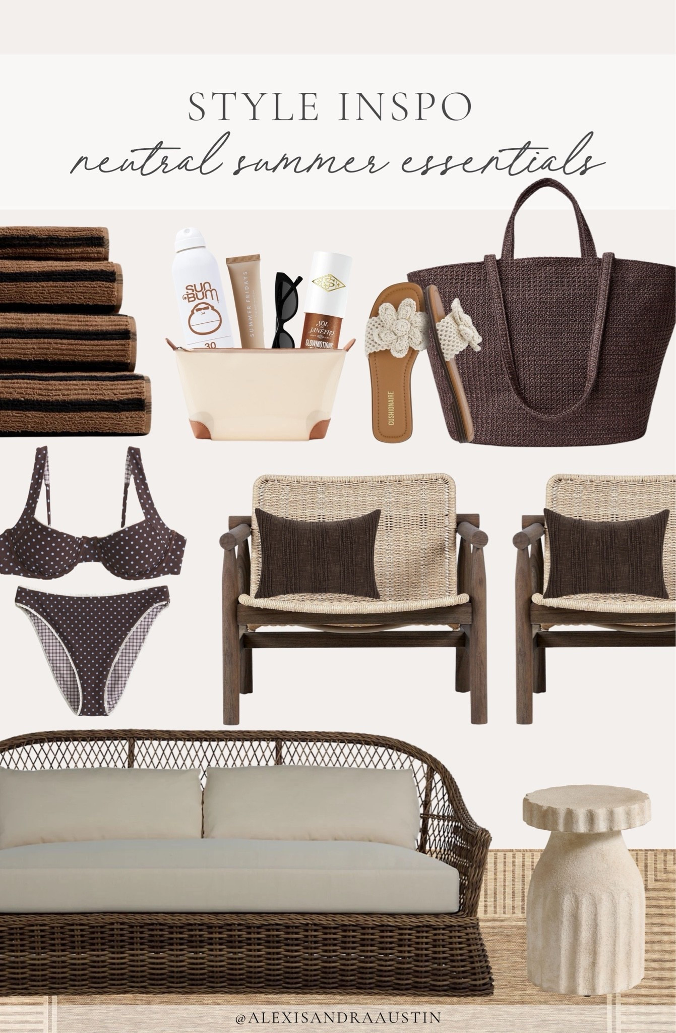 Trending summer favorites with all of the neutral vibes! Loving the bold pop of brown combined with summer essentials and accessories this season.

Home finds, neutral home inspo, summer essentials, outdoor essential, trending summer details, moody towel, besch bag, pool essentials, outdoor furniture, trending bathing suit, accent table, outdoor area rug, what’s in my pool bag, accent pillow, Wayfair, Sephora, found it on Amazon, Abercrombie and Fitch, Sun Bum, Summer Fridays, shop the look!

#LTKSeasonal #LTKHome