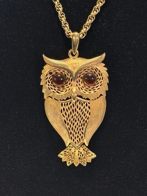 Vintage Large Owl Pendant Necklace Articulated Amber Colored Stones It’s a Hoot! | eBay US