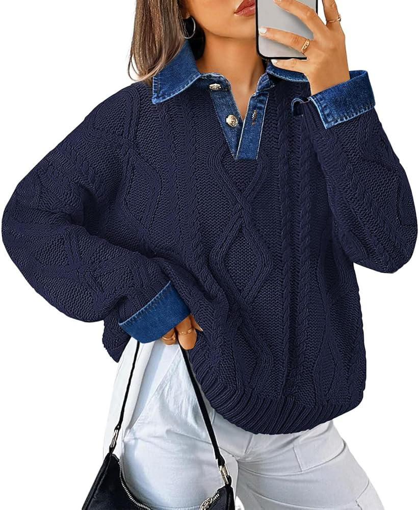 Soesdemo Womens Oversized Cable Knit Sweaters Chunky Long Sleeve Button Up Denim Polo Neck Knit P... | Amazon (US)