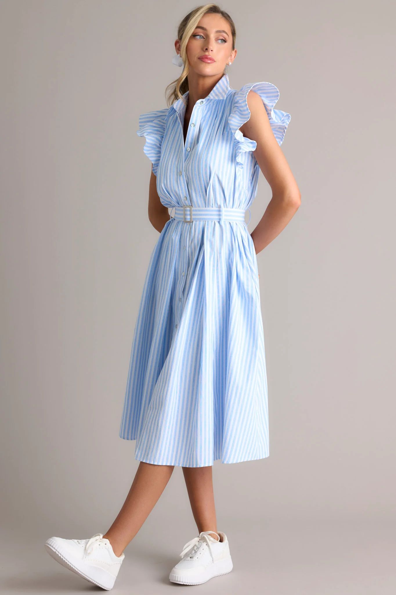 Simple Statement Sky Blue and White Stripe Button Front Midi Dress | Red Dress
