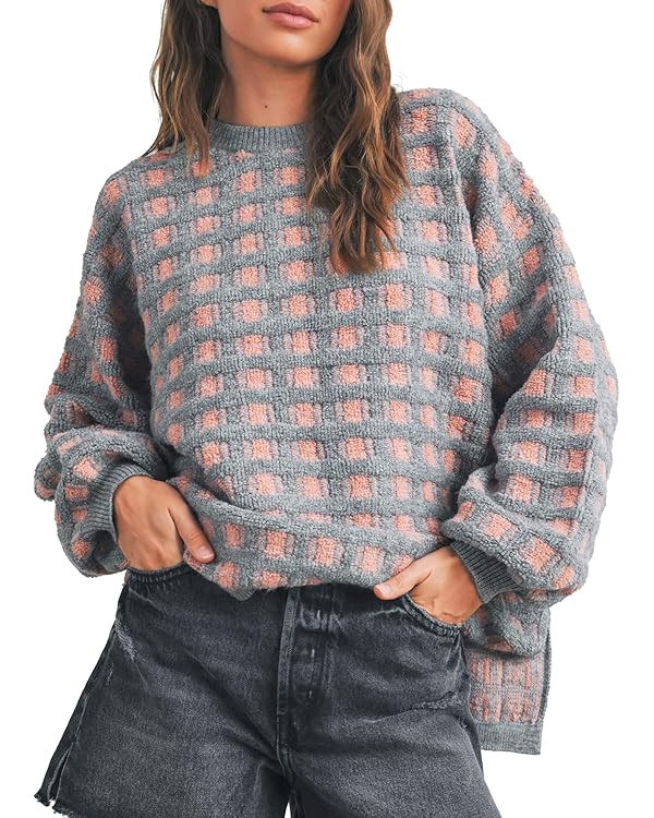 Hixiaohe Oversized Checkered Sweater for Women Trendy Pullover Sweaters Casual Long Sleeve Ribbed... | Amazon (US)