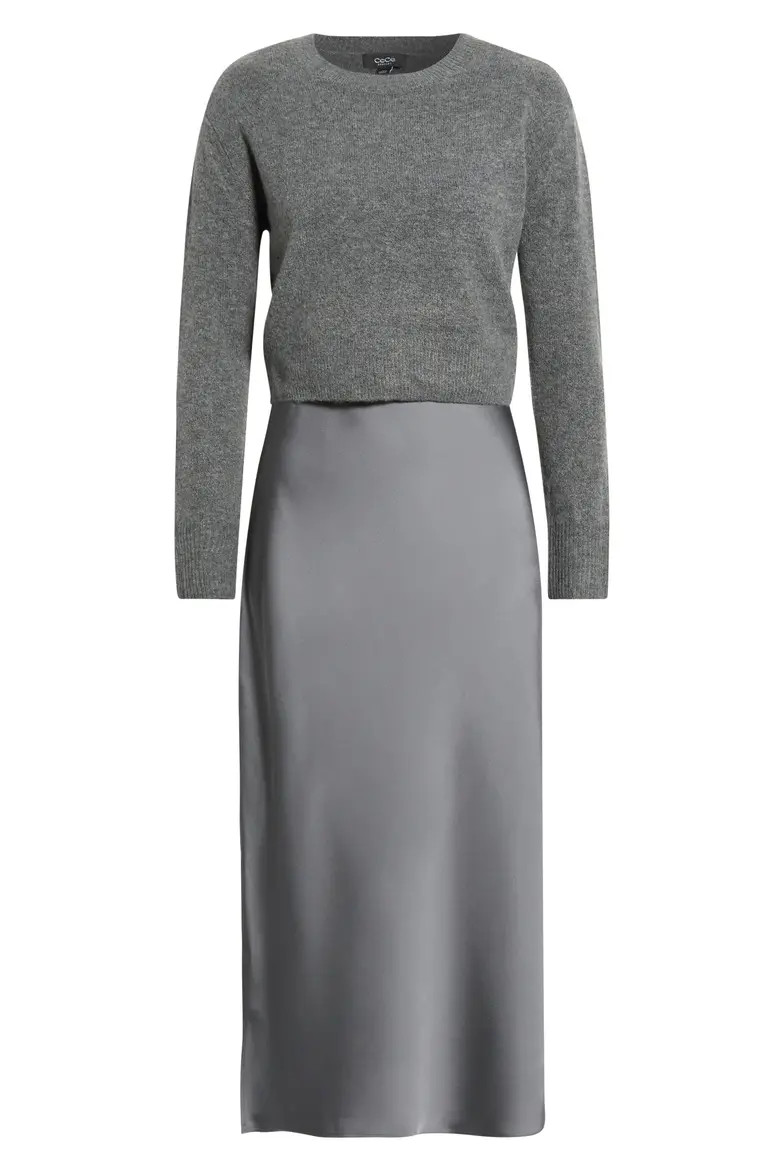 CeCe Long Sleeve Mixed Media Midi Dress in Salt N Pepper at Nordstrom, Size X-Large | Nordstrom