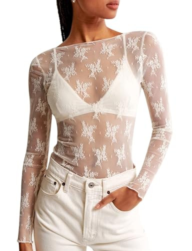 KTILG Womens Lace Long Sleeve Boat Neck Tops Sheer Blouse Sexy See Through Shirt Mesh Top S-XXL | Amazon (US)